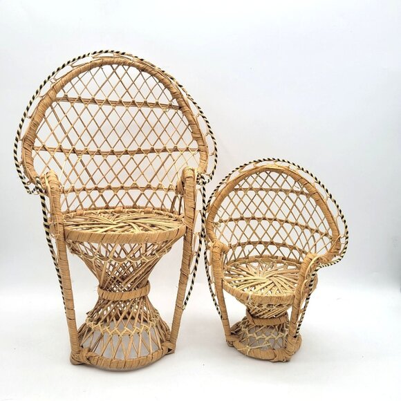 Vintage Wicker Rattan Peacock Fan Chairs - Doll Furniture Plant Stand Boho Decor - Picture 1 of 8